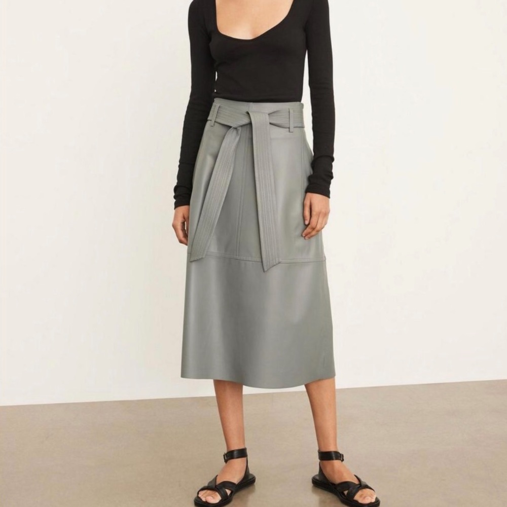 Vince Topstitched Belted Lambskin Leather A Line Midi Skirt Sea Stone Gray 4 NWT